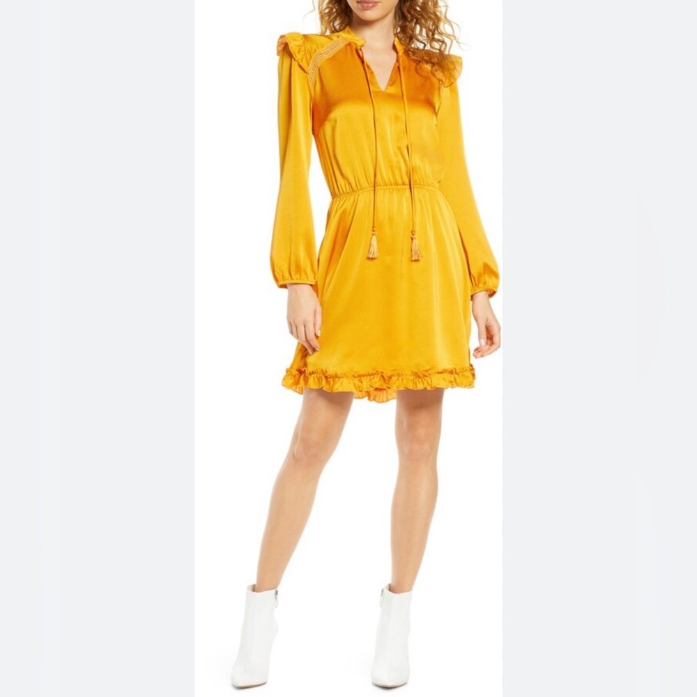Nordstrom Fraiche by J Long Sleeve Satin Mustard Dress M